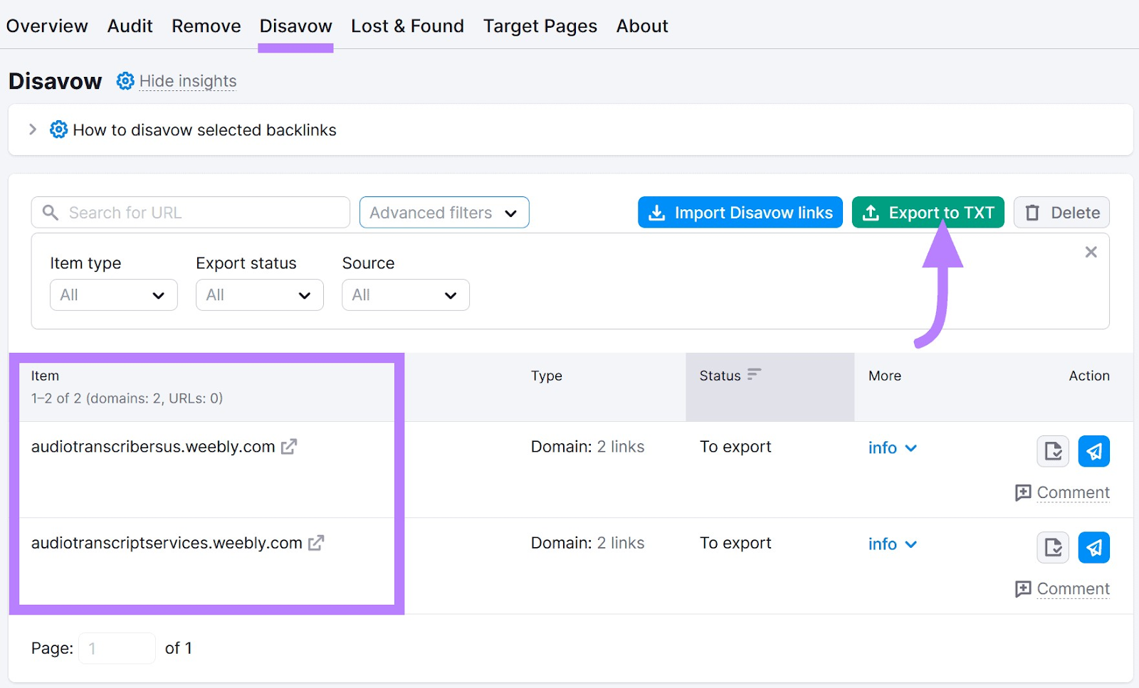 “Disavow” section in Backlink Audit tool