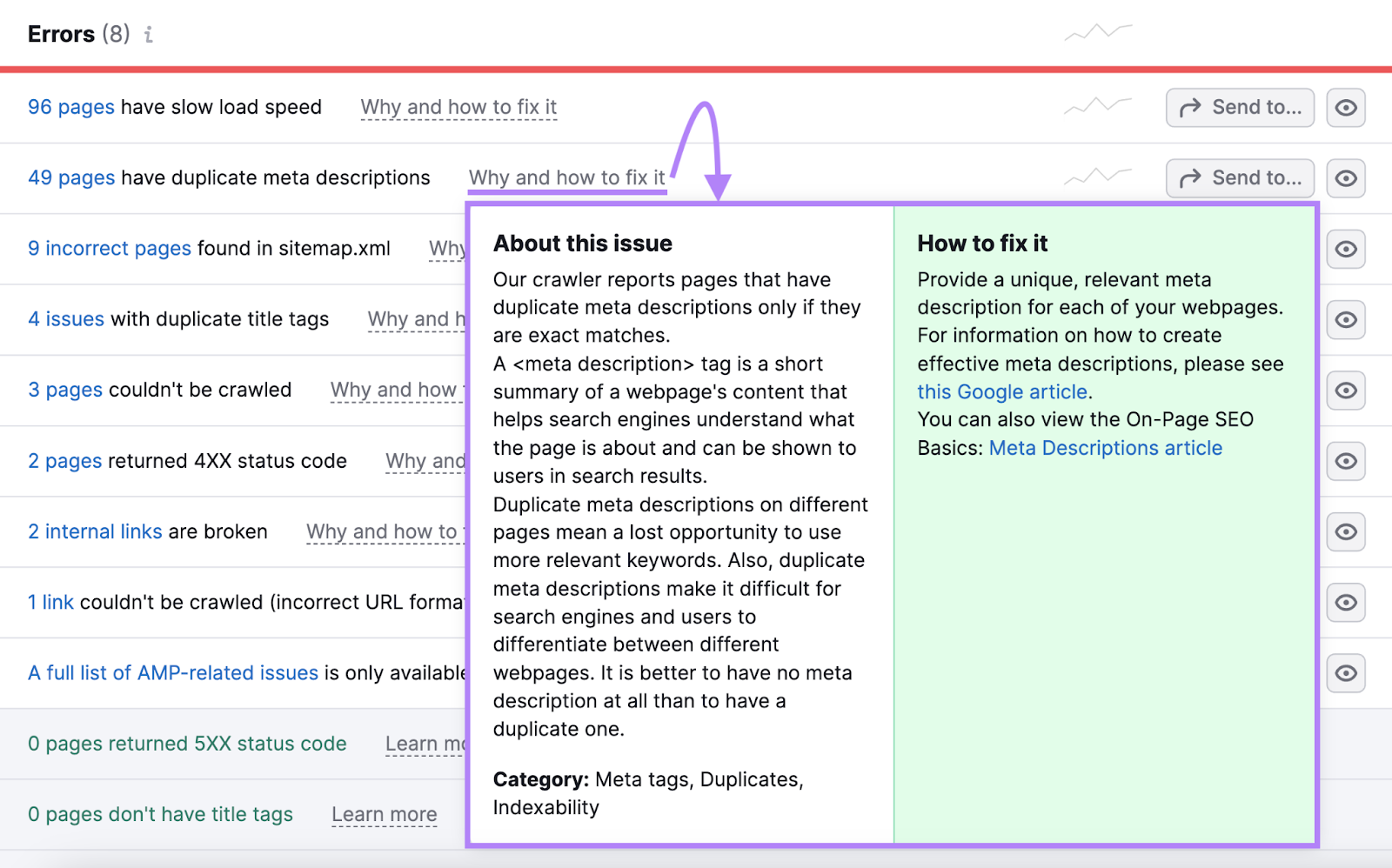 An example of “Why and how to fix it” section for duplicate meta description in Site Audit