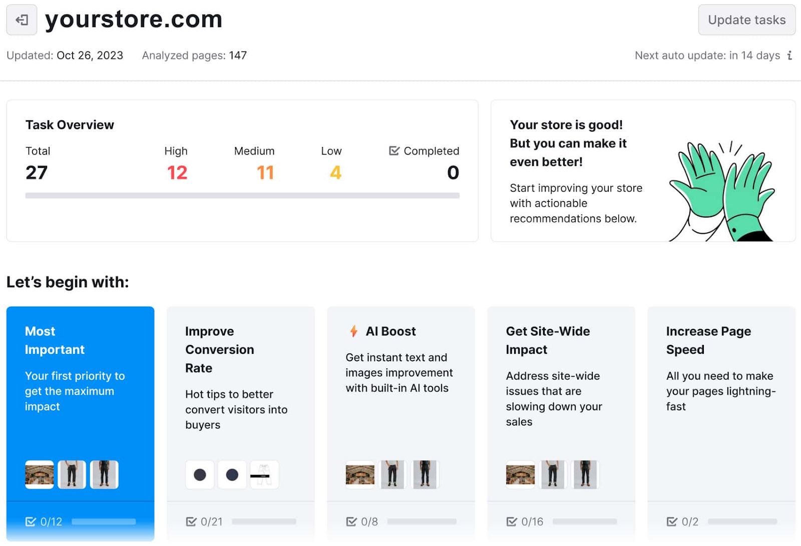 Ecommerce Booster dashboard, with "Task Overview" and "Let's begin with" sections