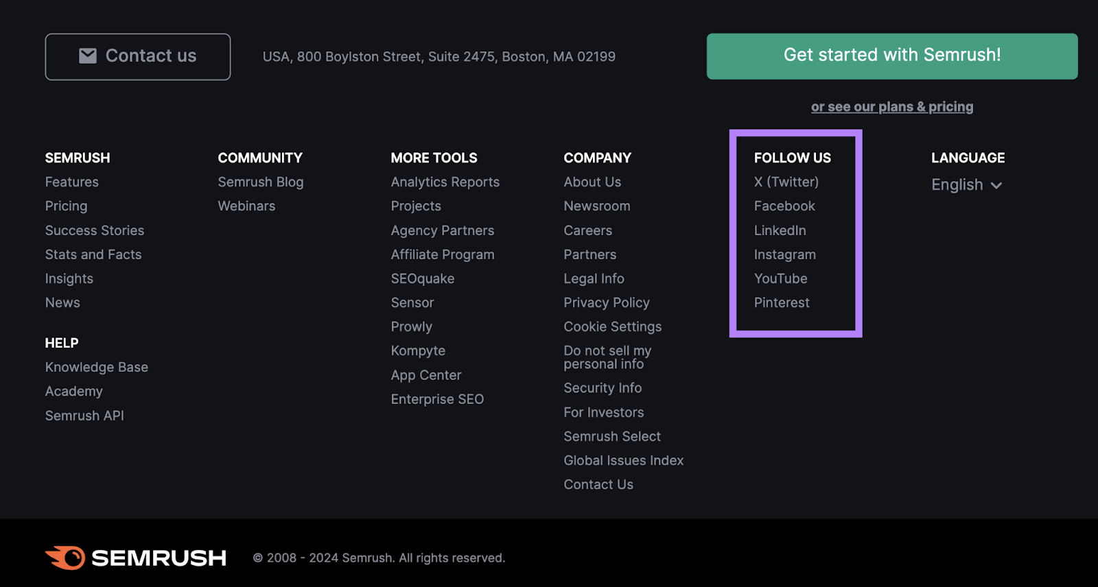 Social media profile links in Semrush's website footer