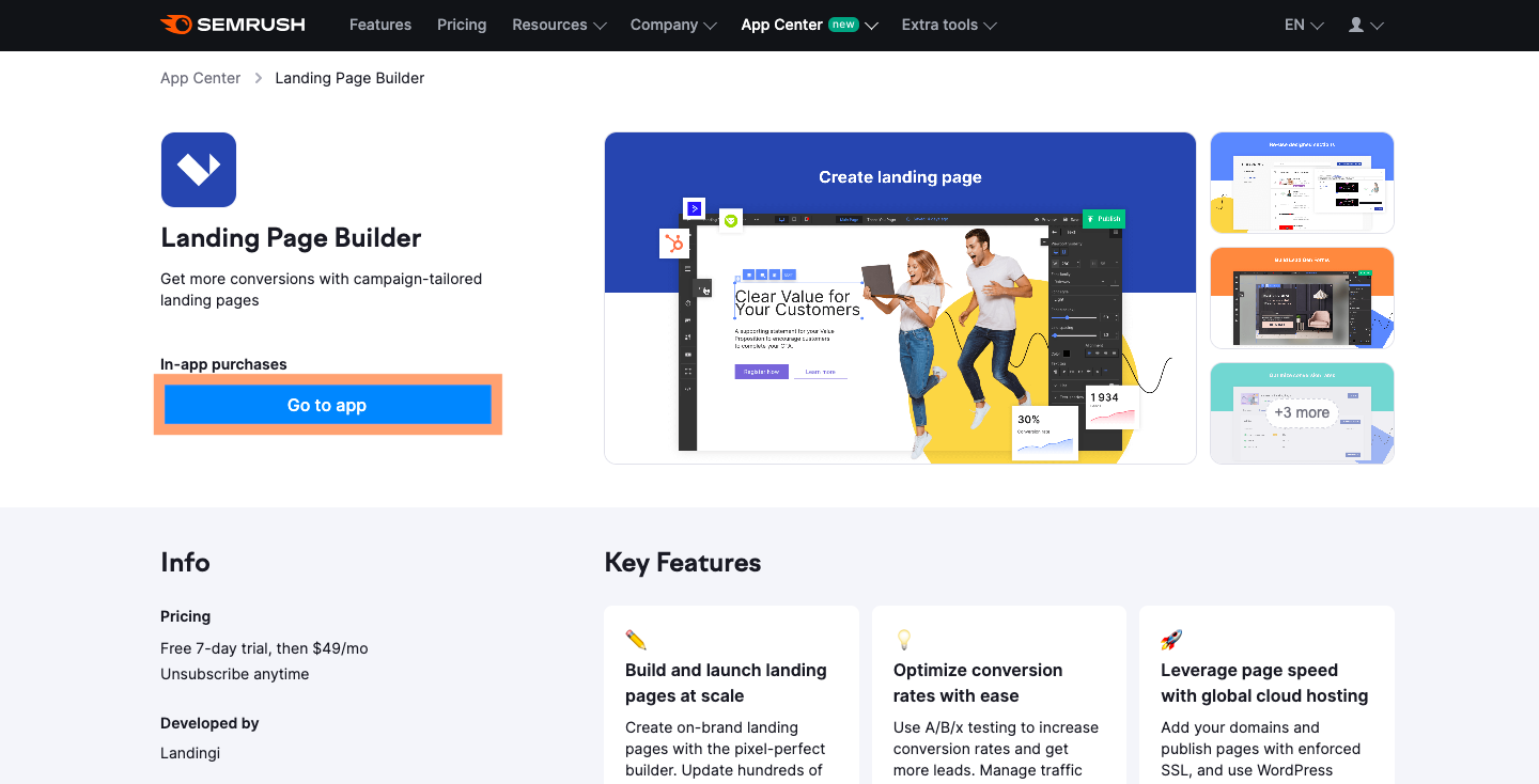 The Landing Page Builder page in the Semrush app store.