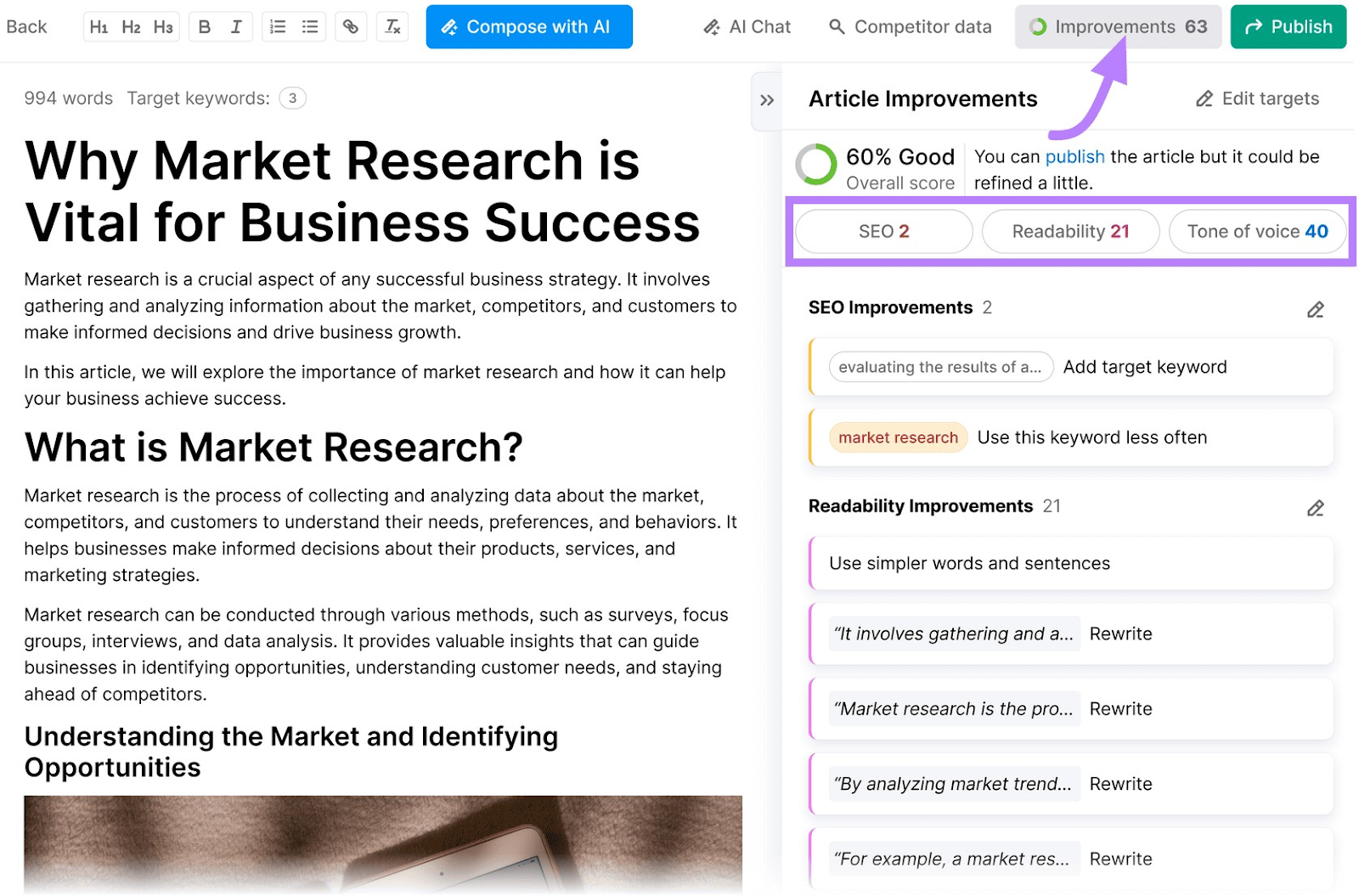 "Article improvements" section in ContentShakeAI