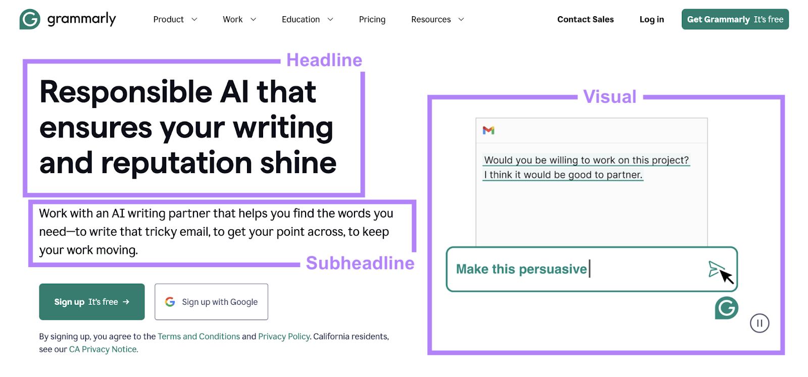 Grammarly homepage has the headline "Responsible AI that ensures your writing and reputation shine." The subheadline details further context. And the visual shows the tool in action.