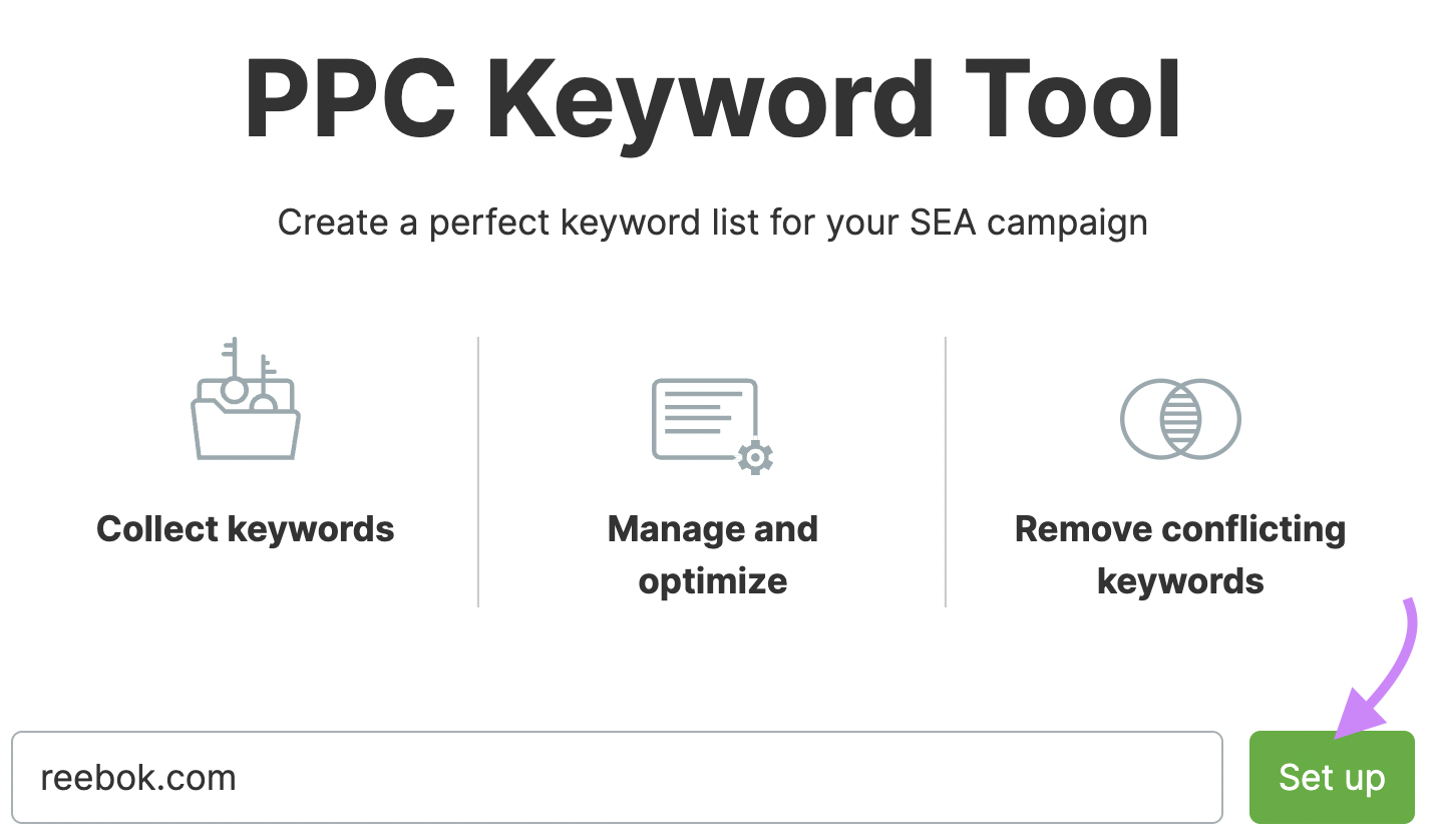 "reebok.com" domain entered in PPC Keyword Tool