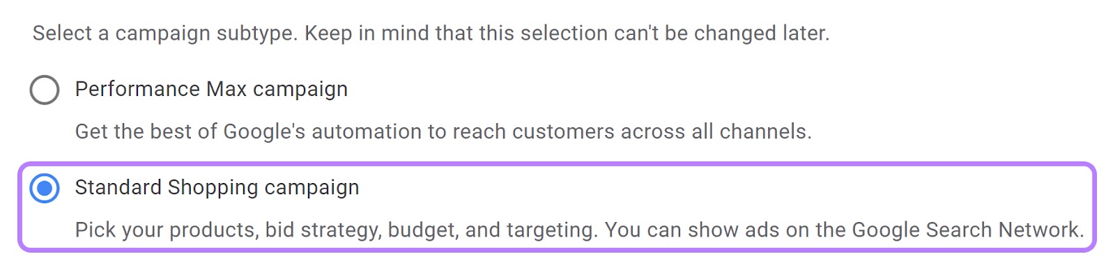 "Standard Shopping campaign" option selected