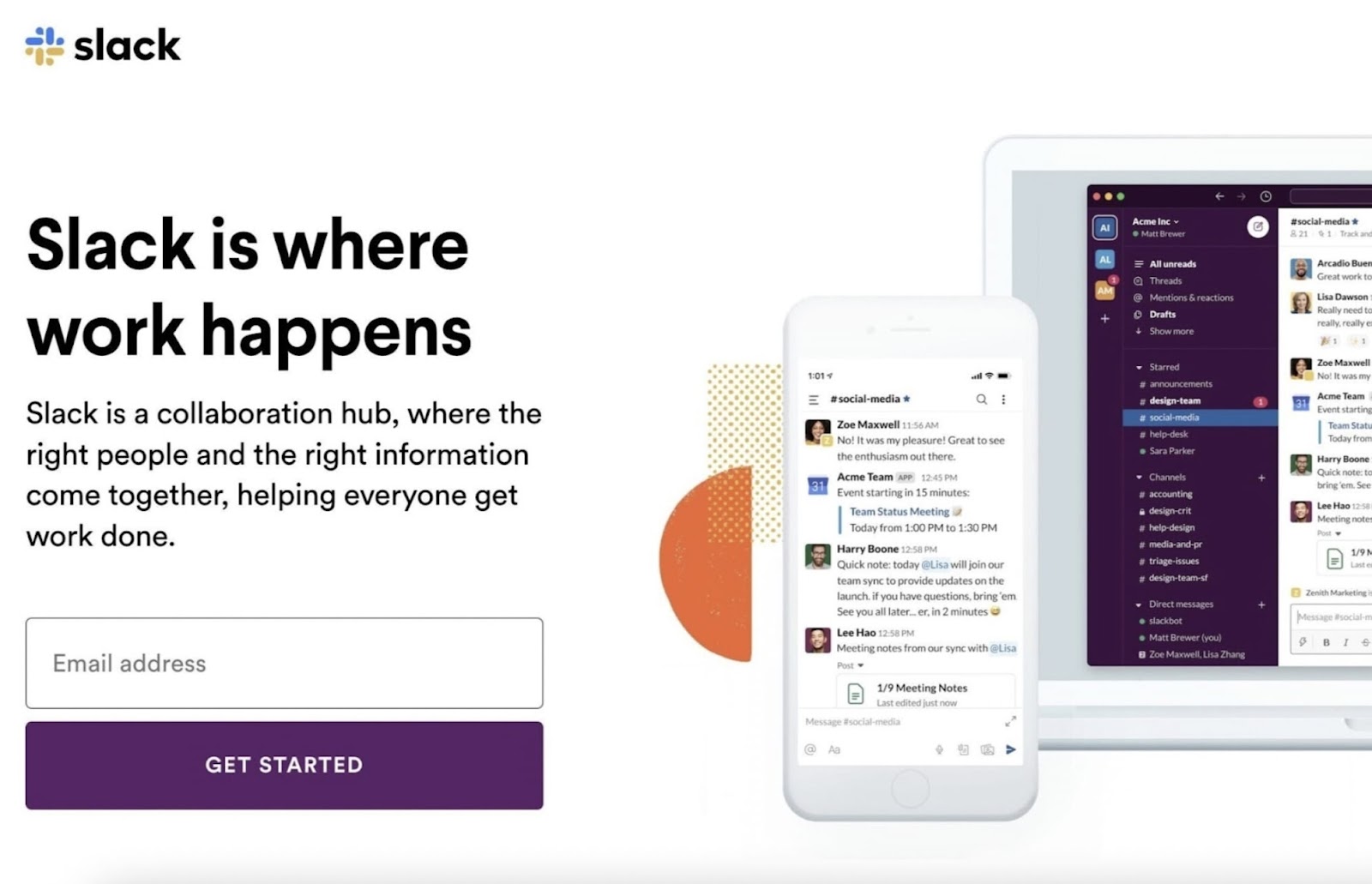 Smartphone and tablet graphic showing Slack app in action alongside sign-up option