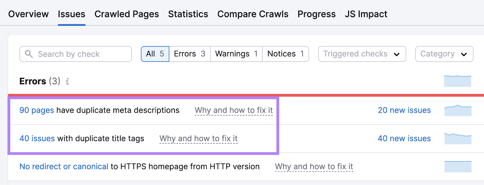 list of errors highlighted in Site Audit tool