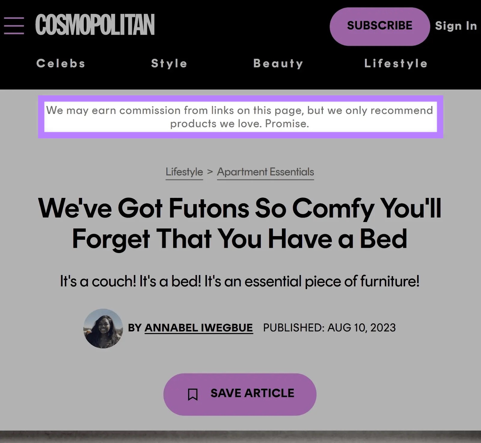 Example of affiliate marketing on Cosmopolitan website with the affiliate disclosure on top of the page highlighted