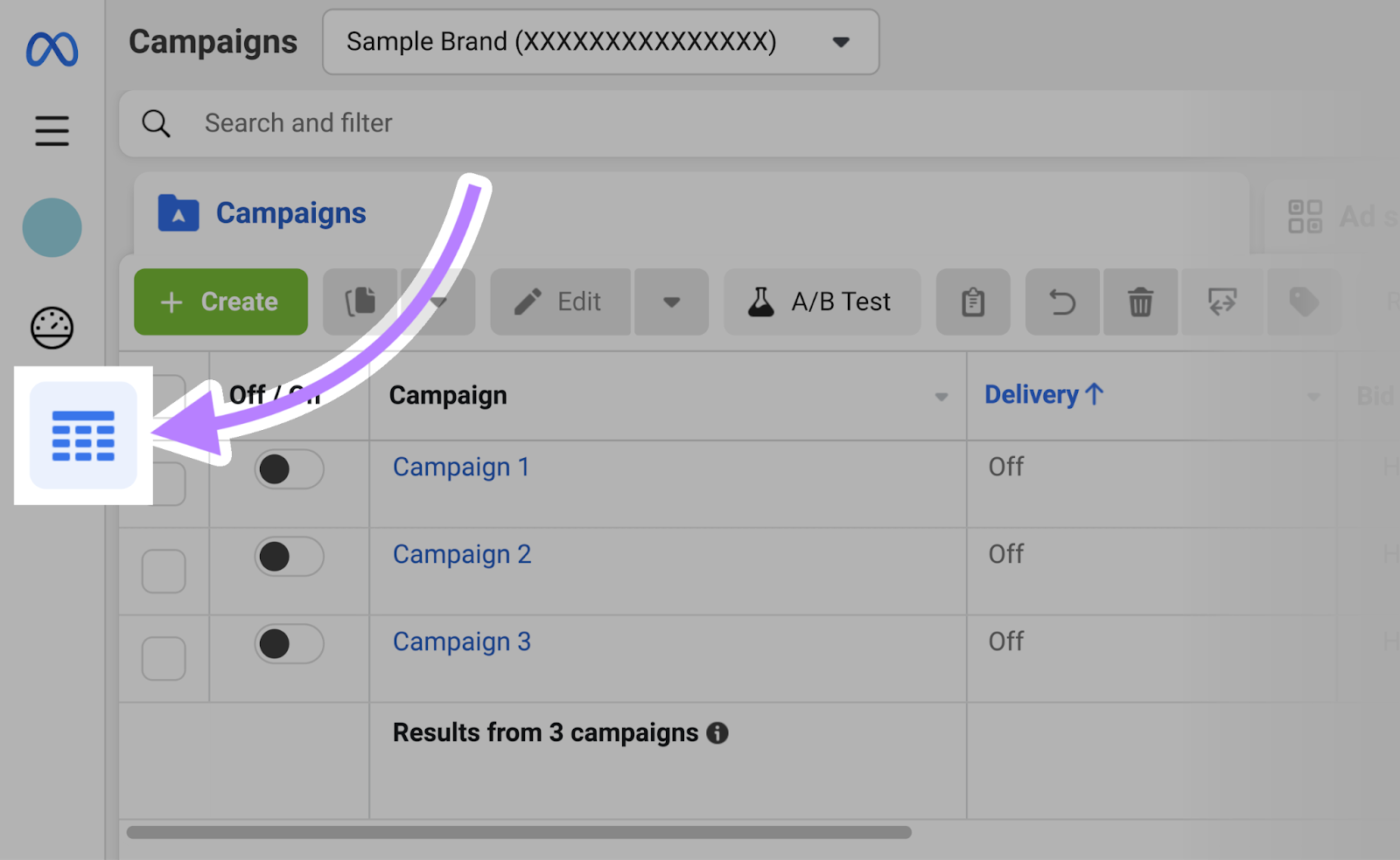 campaigns icon highlighted on the left side of the screen.