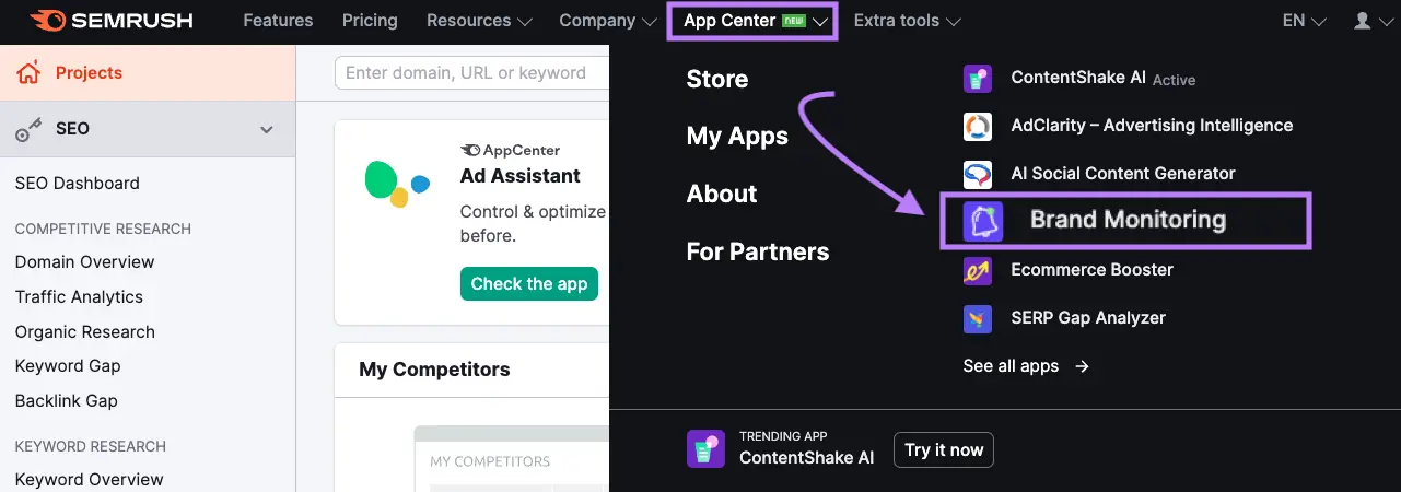 “Brand Monitoring" selected from the Semrush App Center