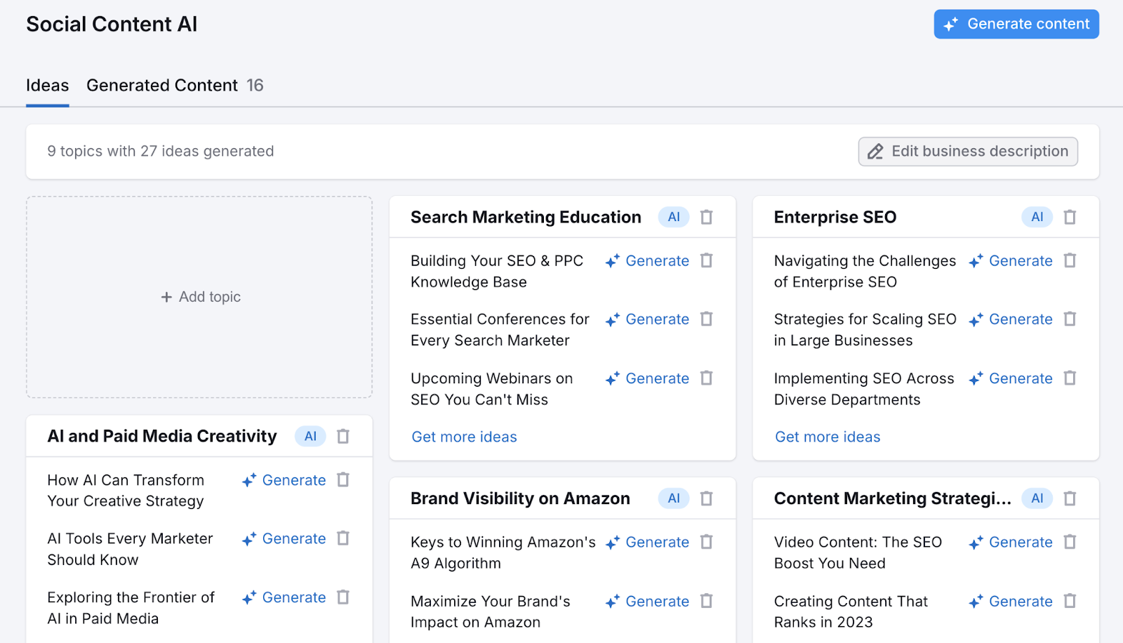 social content ai tool creates topics based on the business description