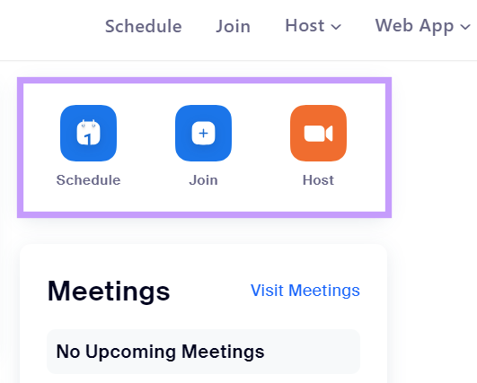 Zoom dashboard showing options such as host a meeting, schedule a new meeting or join a meeting.