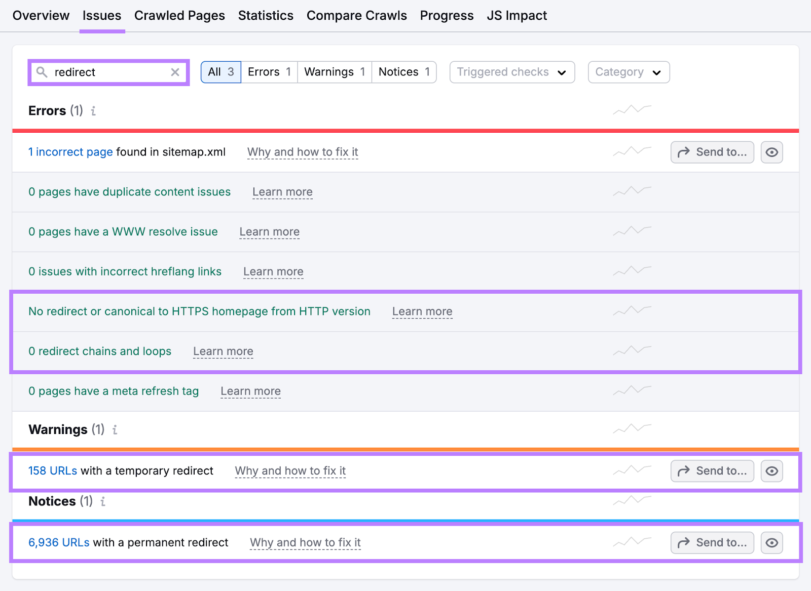 redirect issues highlighted in site audit