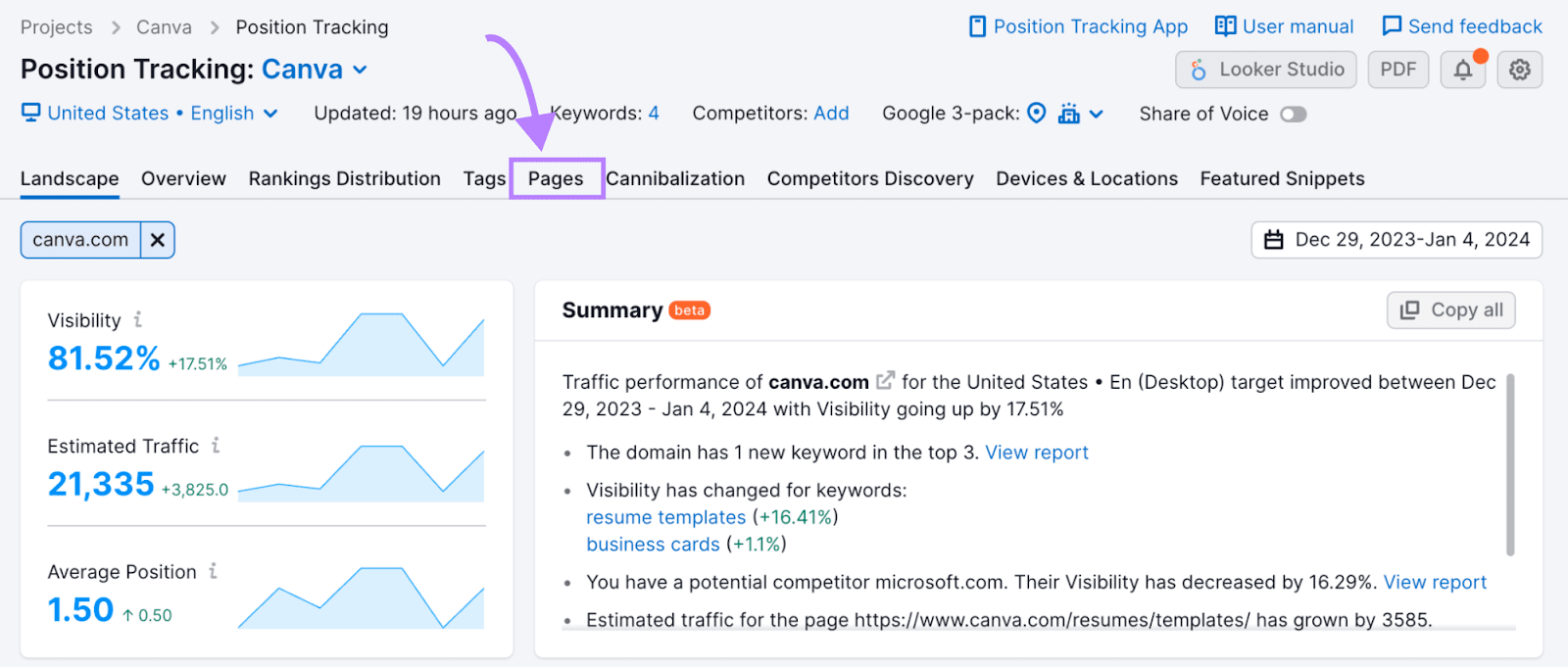 "Pages" tab selected in the Position Tracking tool