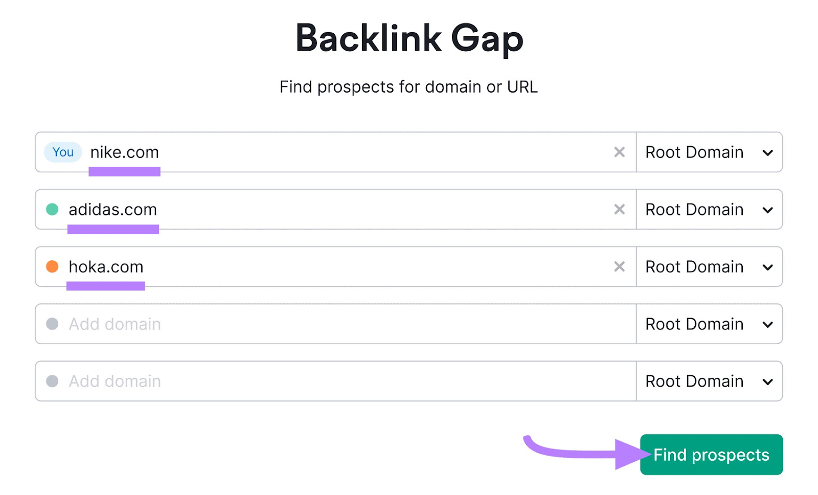 "nike.com," "adidas.com," and "hoka.com" entered into Backlink Gap search