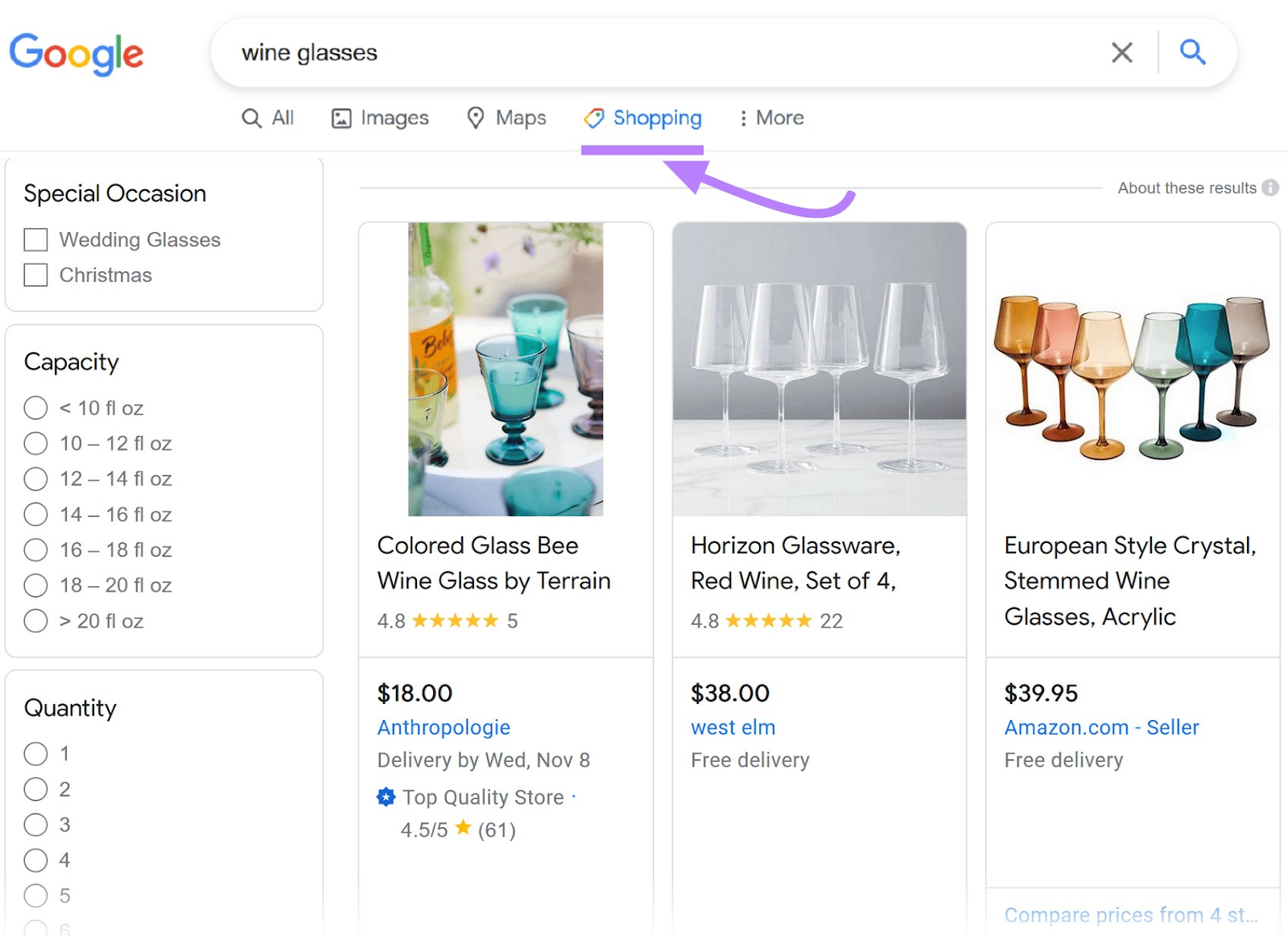 Google Shopping product catalog related to "wine glasses"