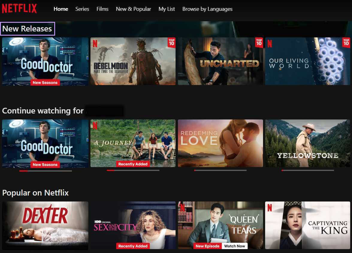 Netflix dashboard showing new releases at the top of the home page.