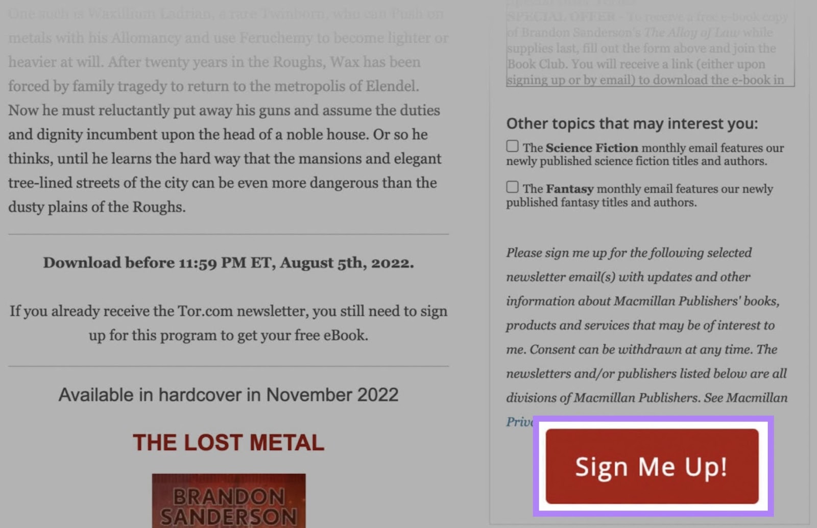 Tor books landing page with Sign Me Up! CTA highlighted