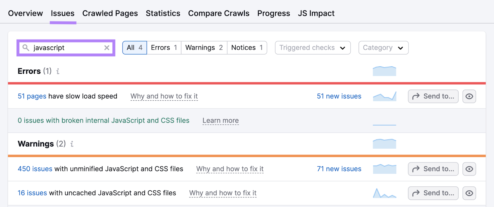 site audit shows javascript issues such as slow load speed, broken internal JavaScript and CSS files, and unminified files.