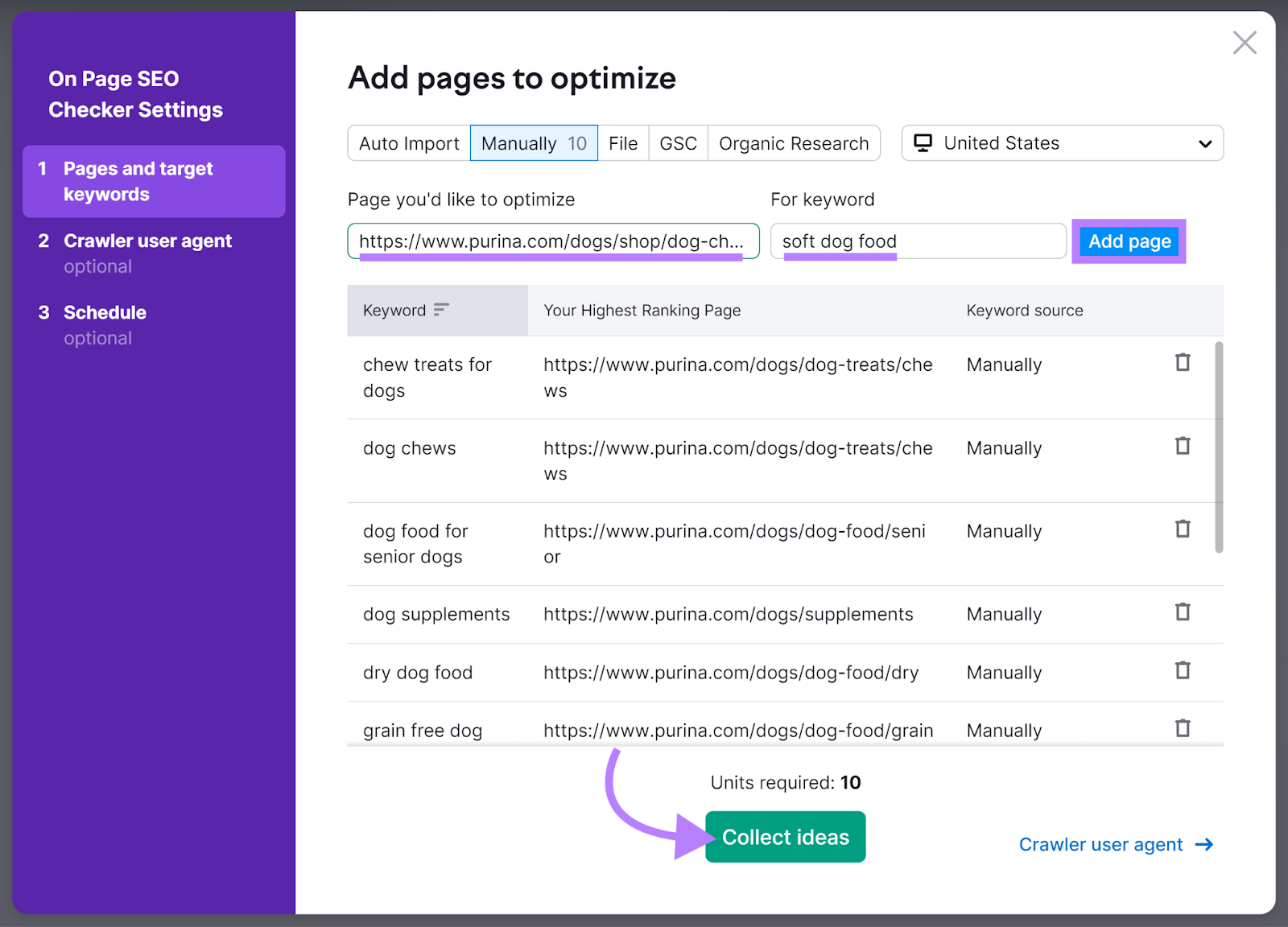 'Add pages to optimize' step with keywords and pages added and arrow pointing to 'Collect ideas' button