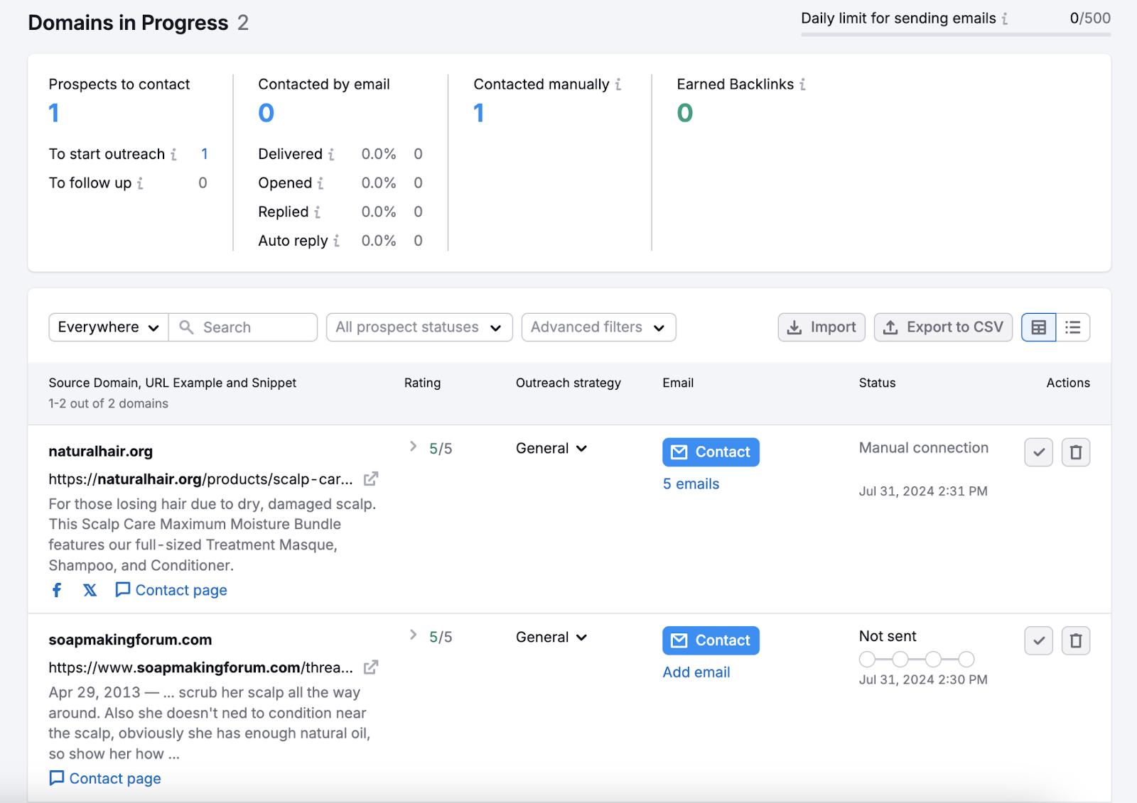 domains in progress shows domains chosen to be contacted