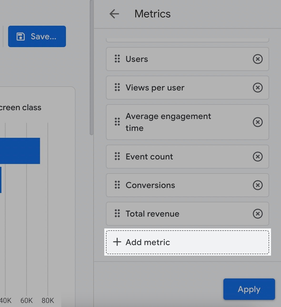 Add metric button in GA4