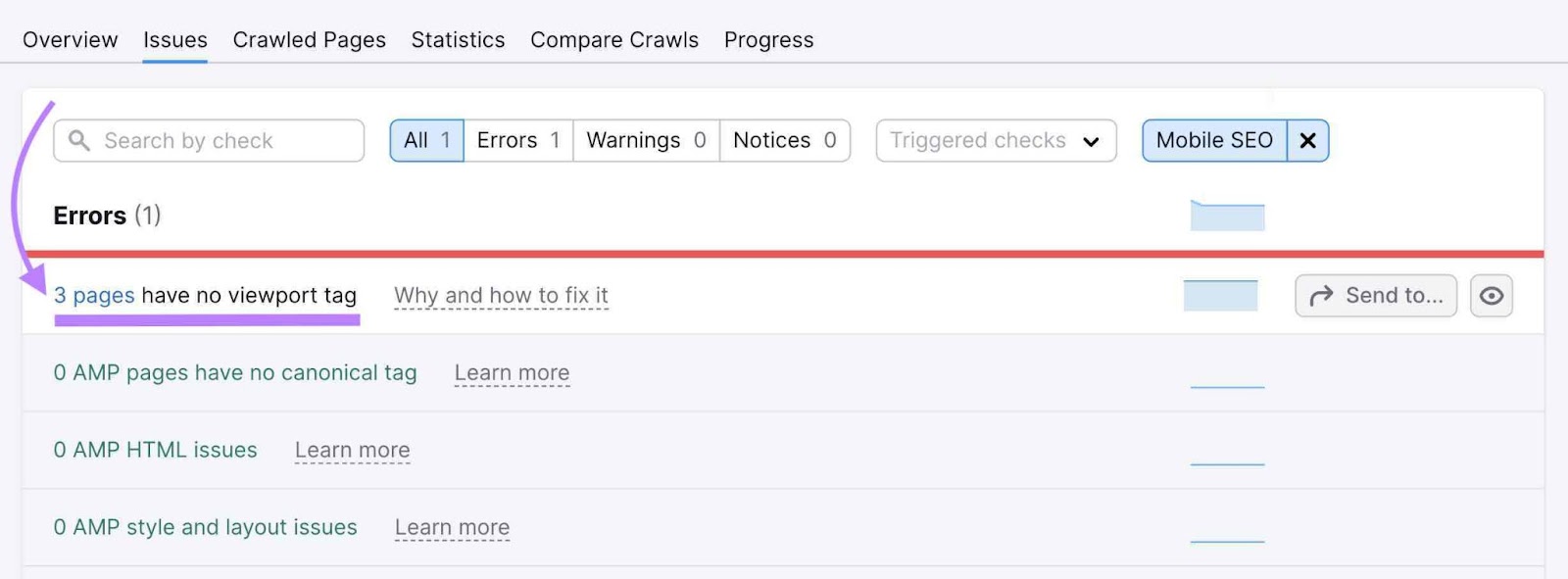 "3 pages have no viewport tag" result highlighted under "Errors" section in Site Audit tool
