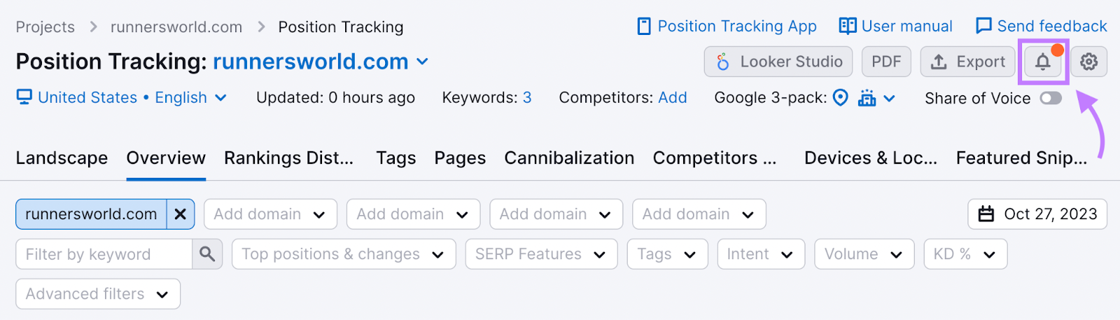 Bell icon highlighted in Position Tracking tool