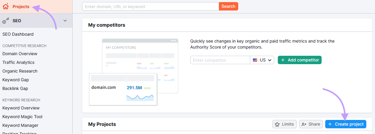 "Create project" button in Semrush dashboard