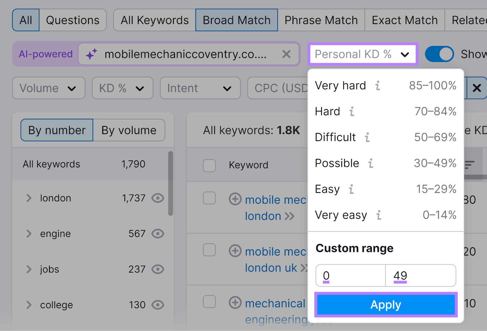 Personal KD filter selected, custom range entered, and Apply button highlighted.