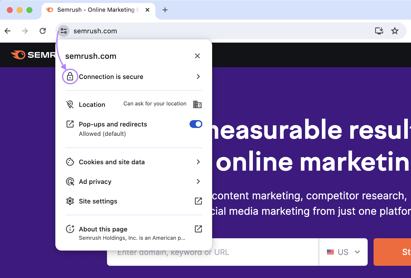 "Connection is secure" padlock next to the "semrush.com" in the browser’s address bar