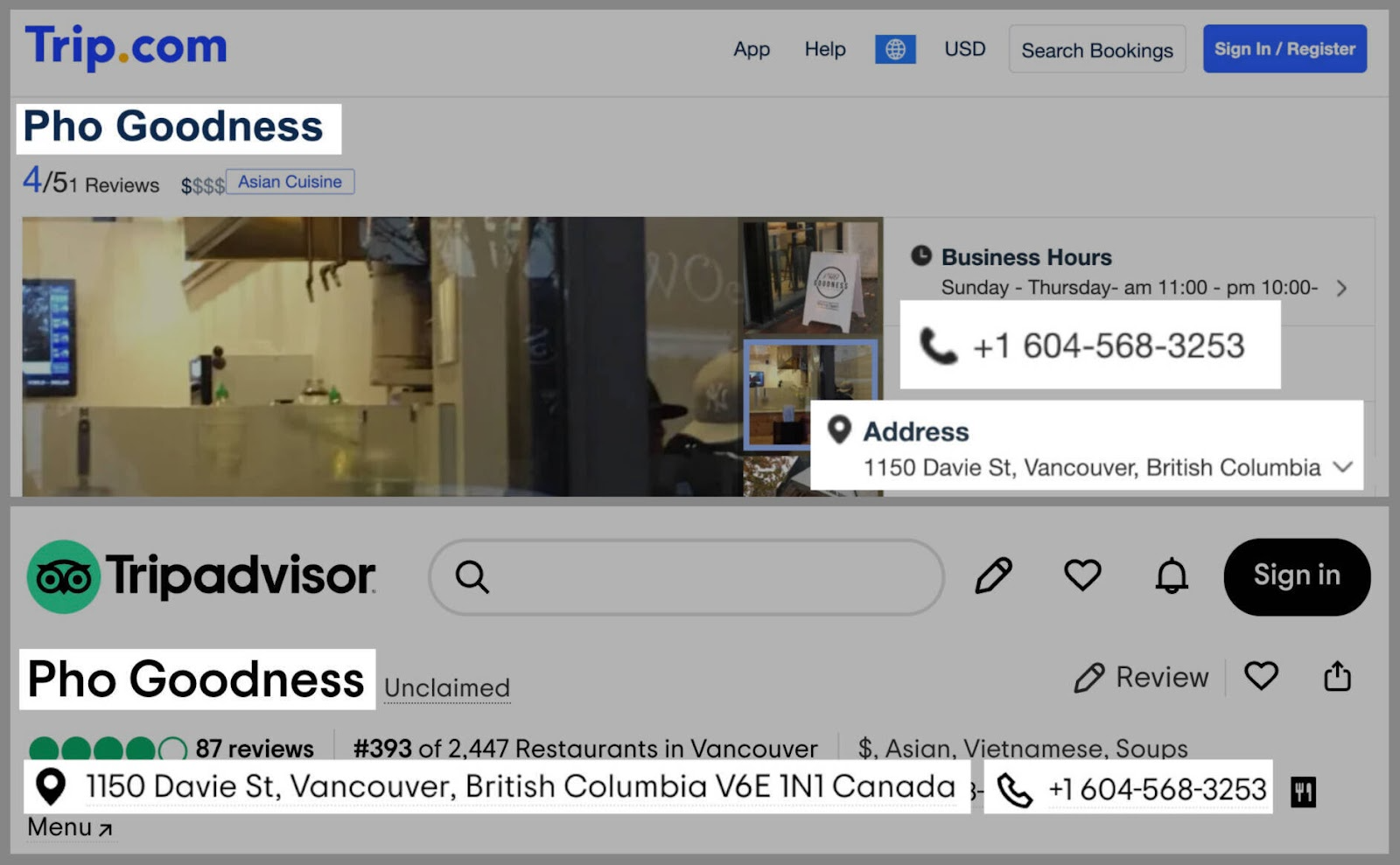 "Pho Goodness" profile on Trip.com and Tripadvisor with NAP information highlighted