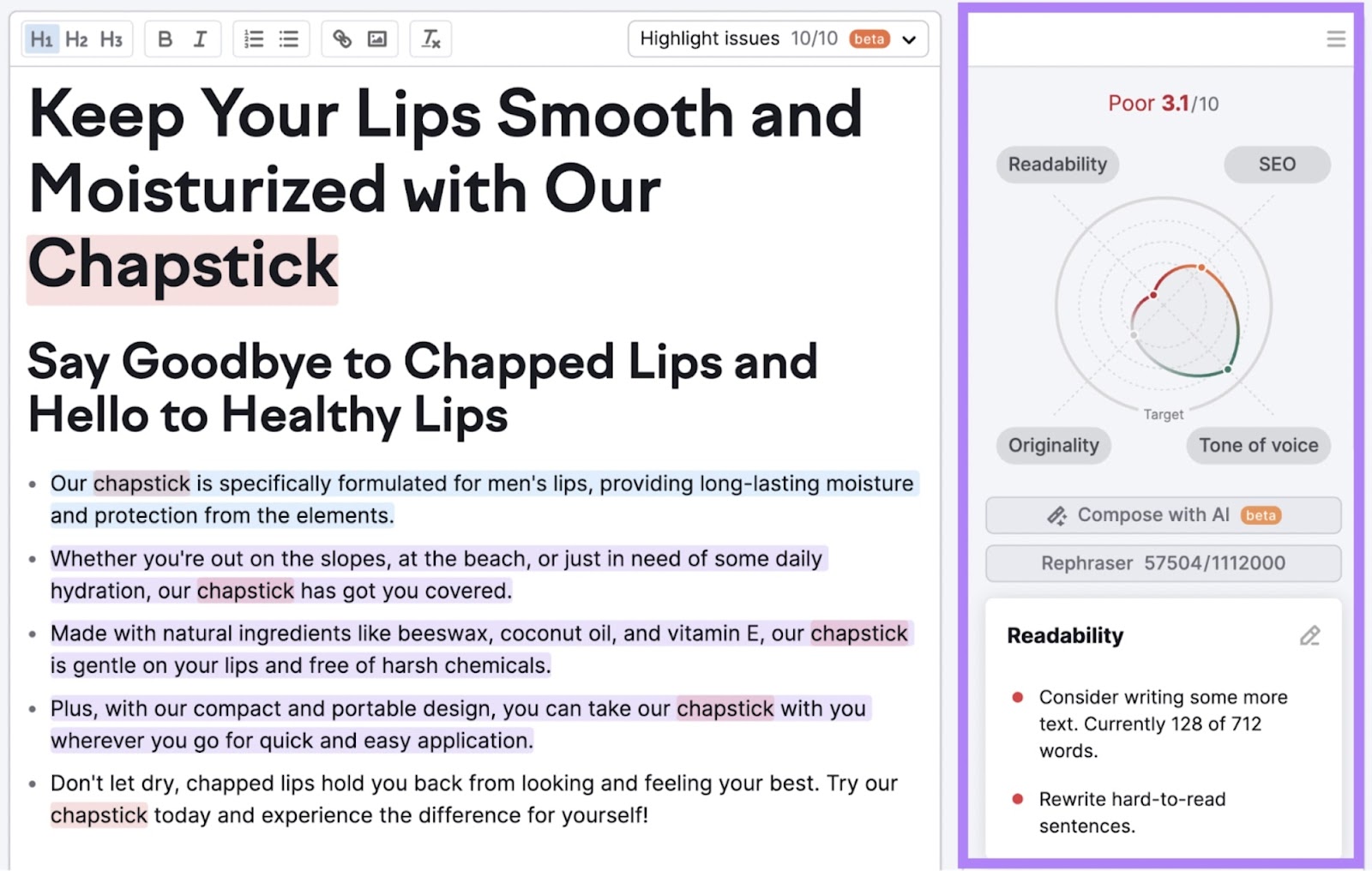 Semrush SEO Writing Assistant with a chapstick article assessed for readability, tone of voice, SEO and originality