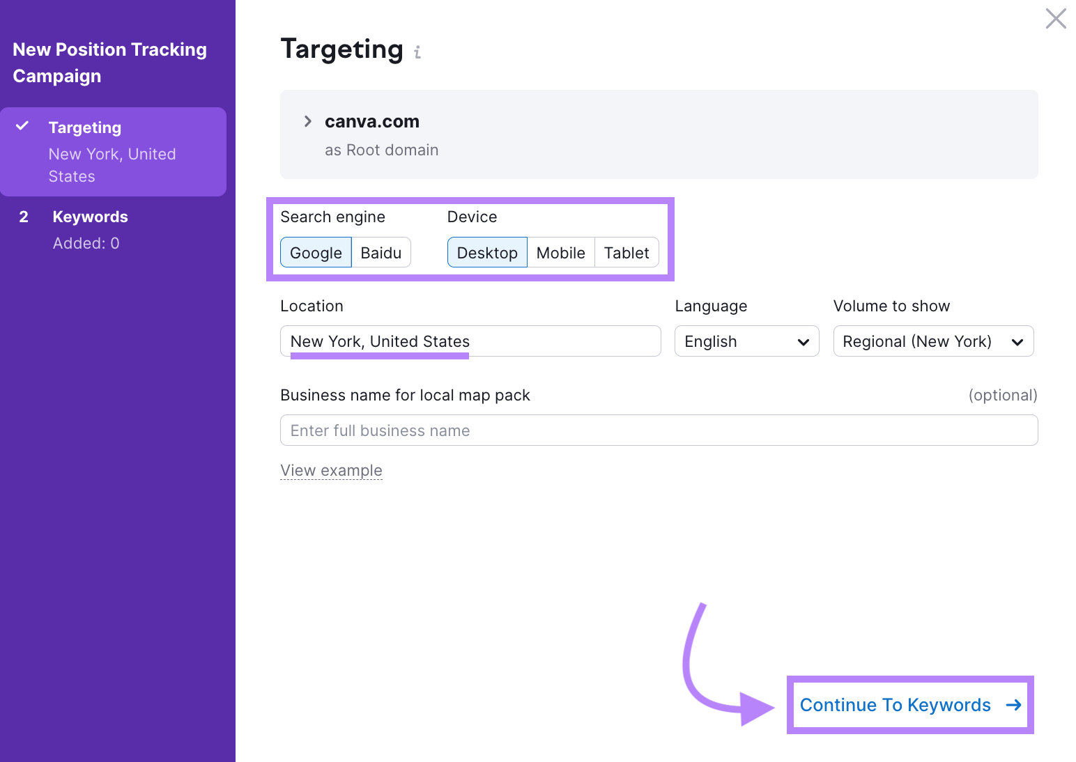 "Targeting" window in Position Tracking tool settings