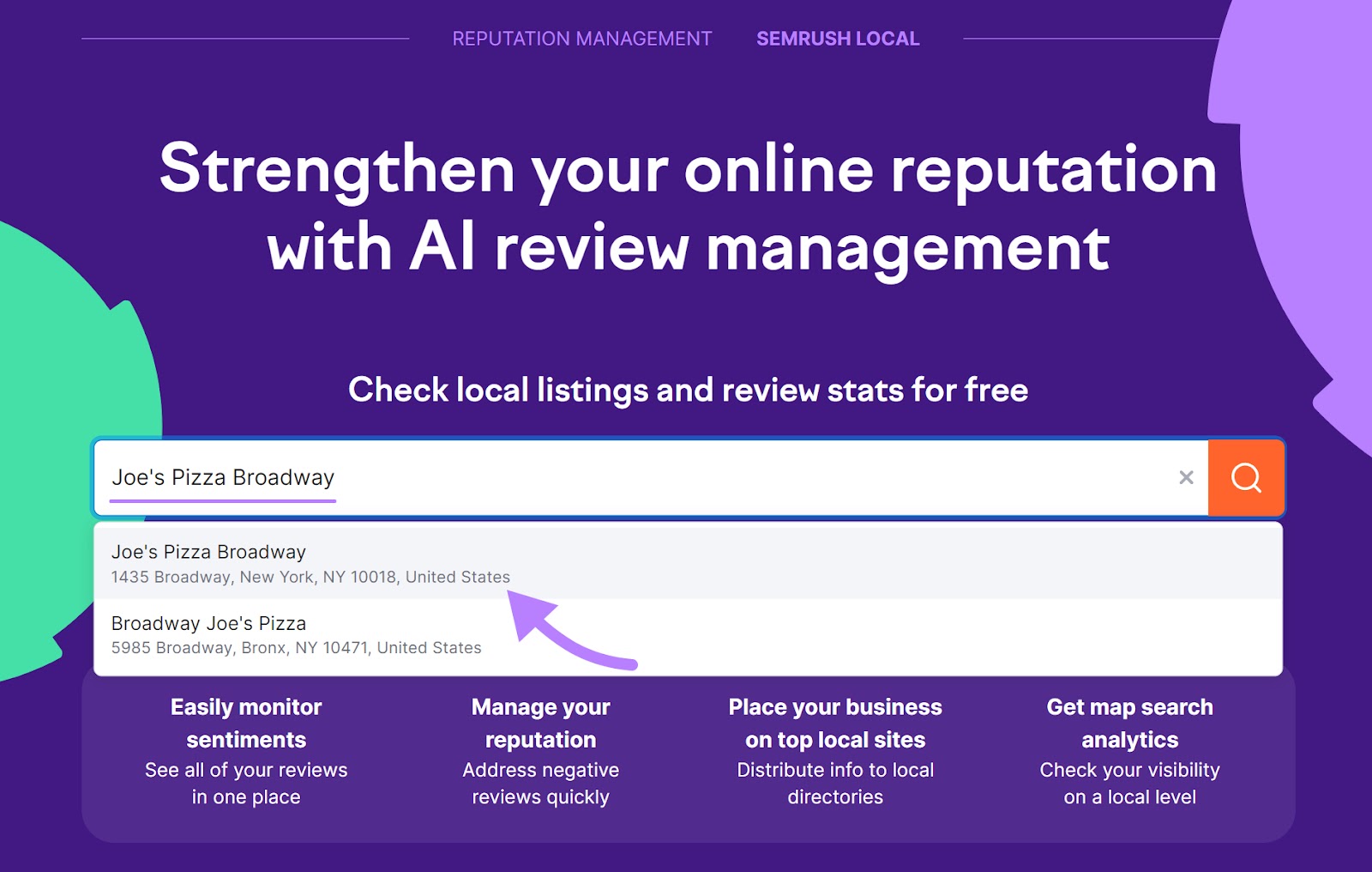 Searching for the business, "Joe's Pizza Broadway" in the Review Management tool.