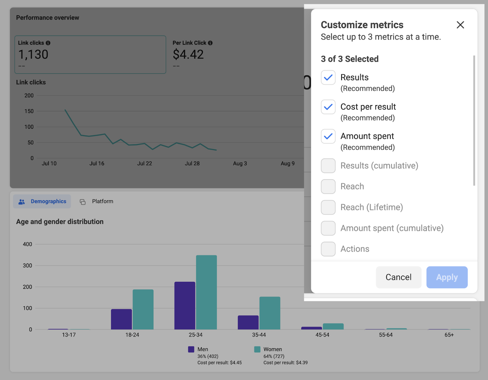 “Customize metrics” section