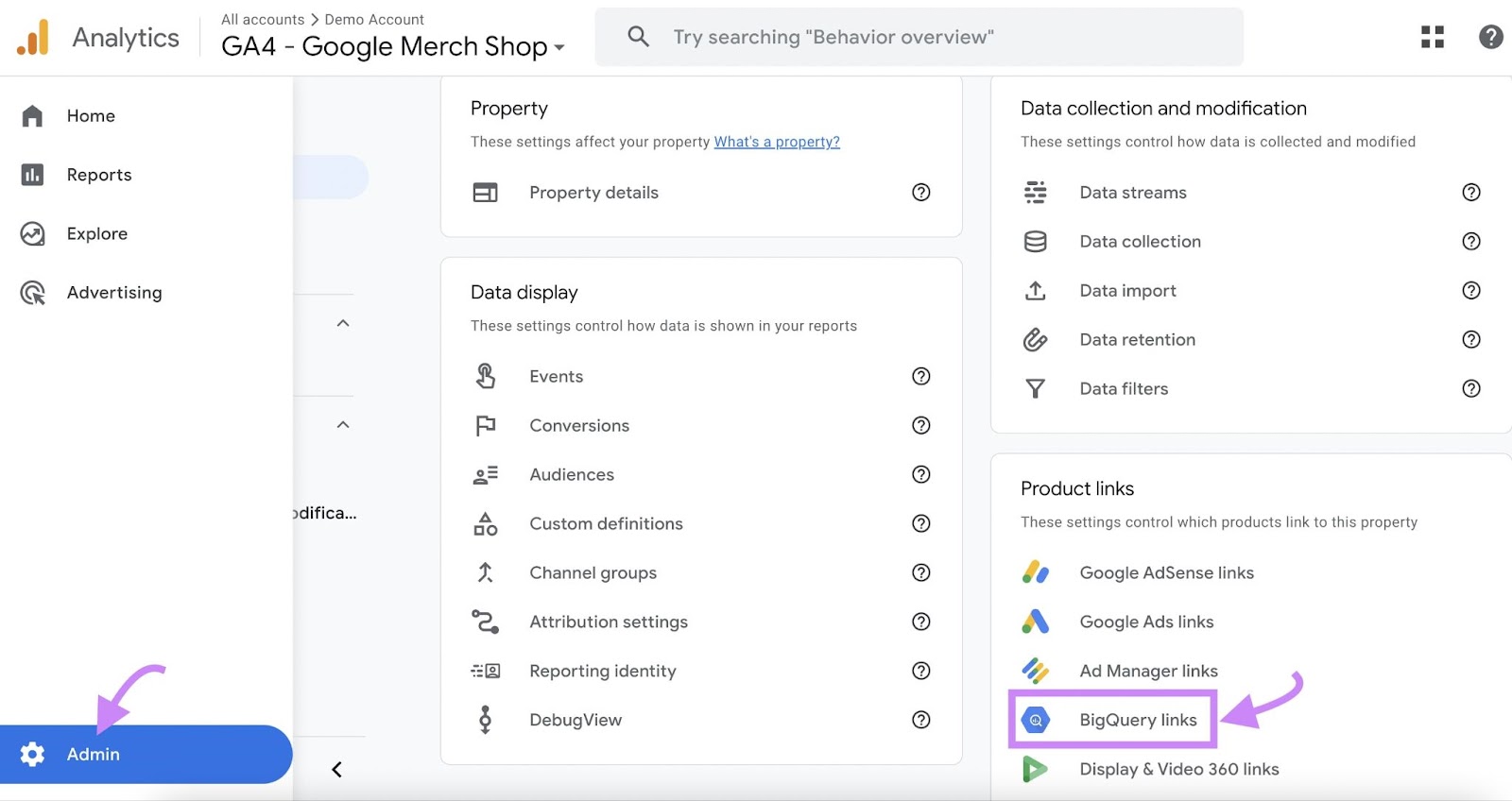 Navigating to “BigQuery Links" in GA4 admin