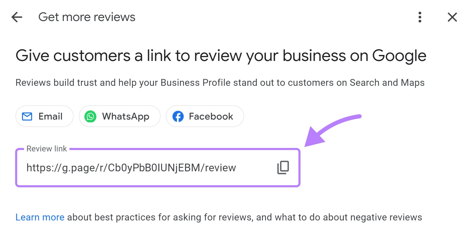 "Give customers a link to review your business on Google" pop-up