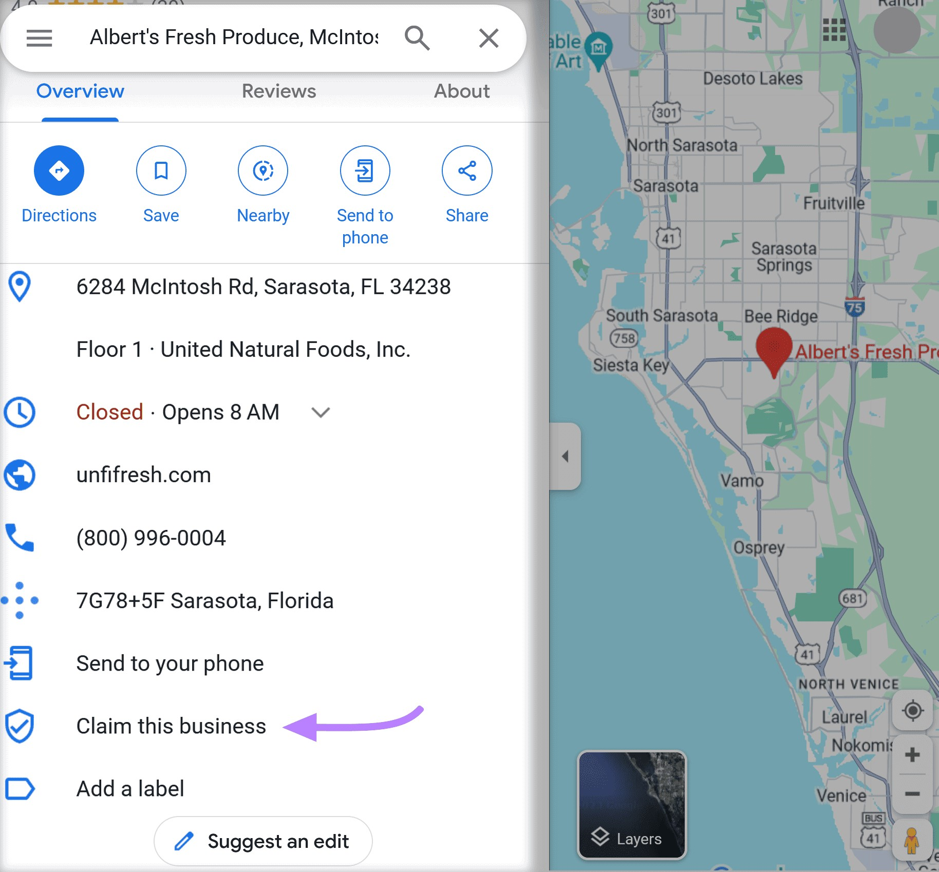 "Albert's Fresh Produce" business on Google Maps