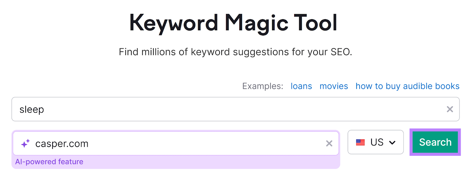 Keyword Magic Tool with domain and keyword entered and Search highlighted