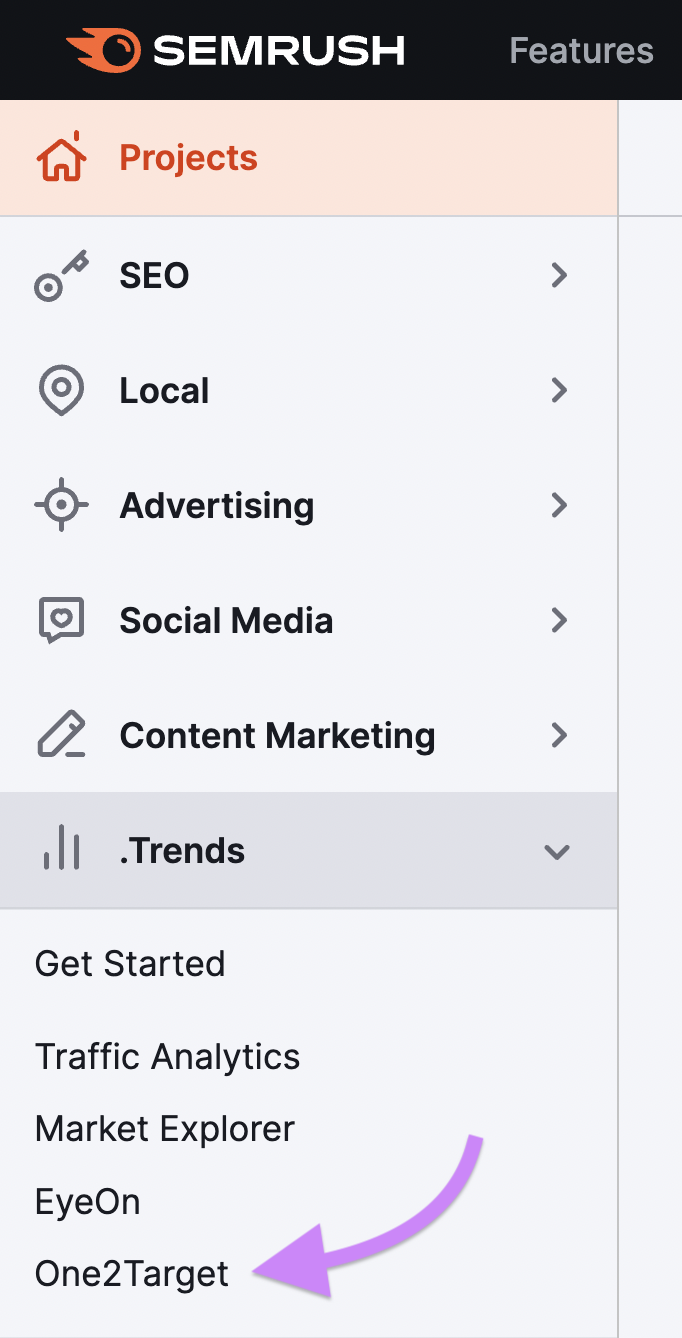 Navigating to One2Target tool in Semrush's dashboard