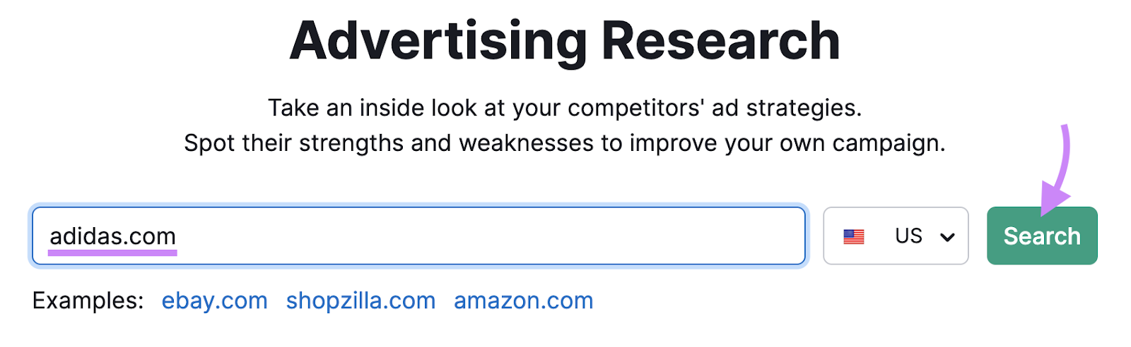 search for adidas.com in Advertising Research tool