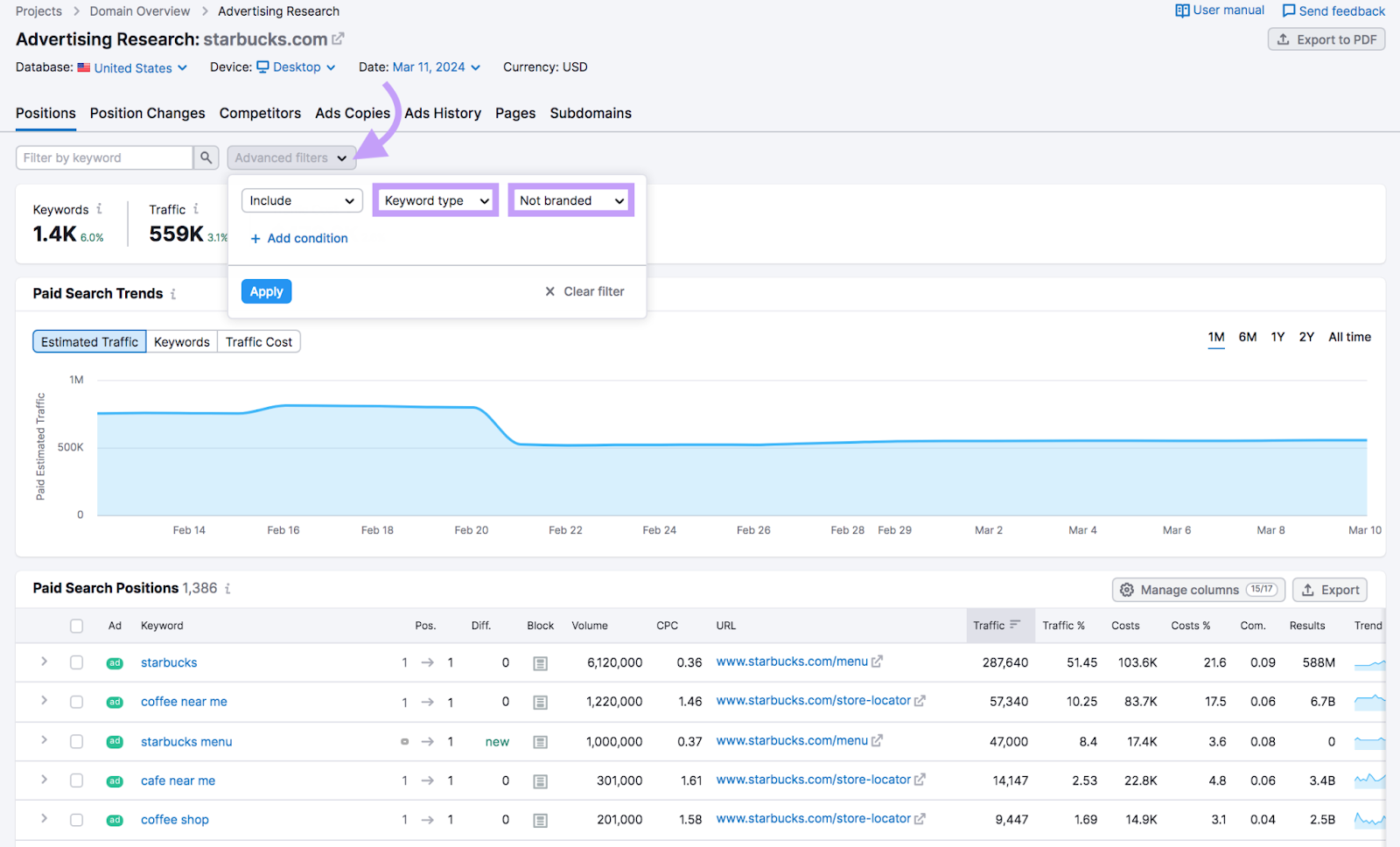 Filtering for non branded keywords in Advertising Research tool