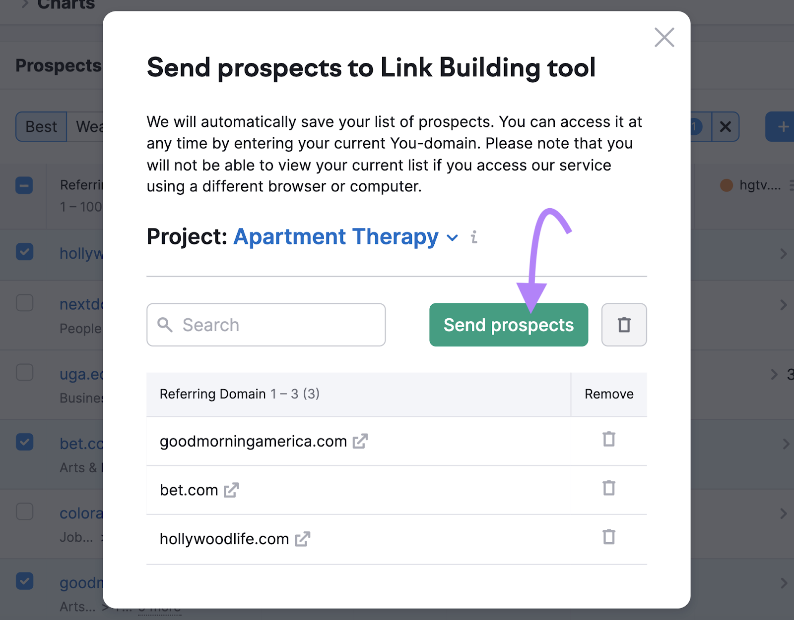 "Send prospects to Link Building Tool" pop-up window