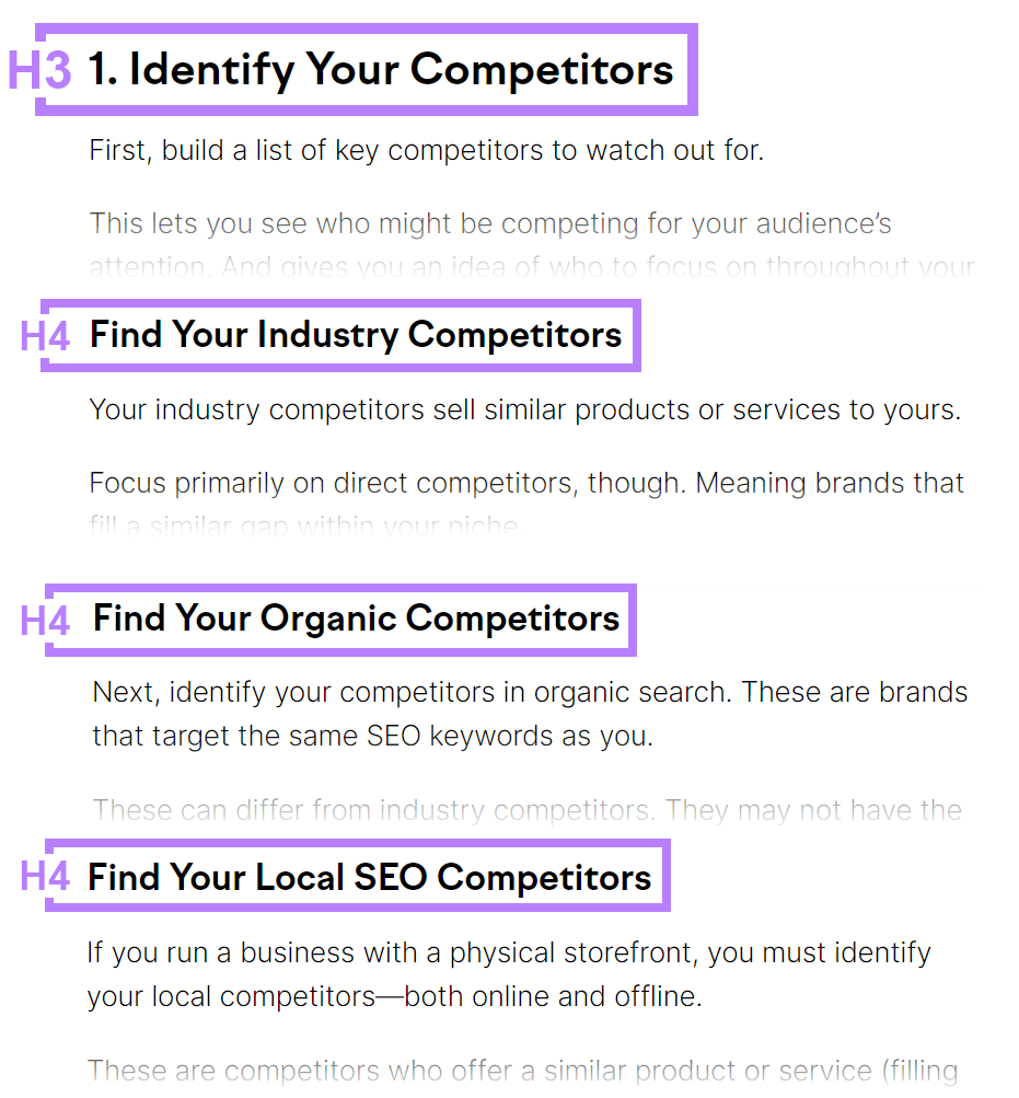 Semrush blog post with H3 tag highlighted followed by three H4 tags.