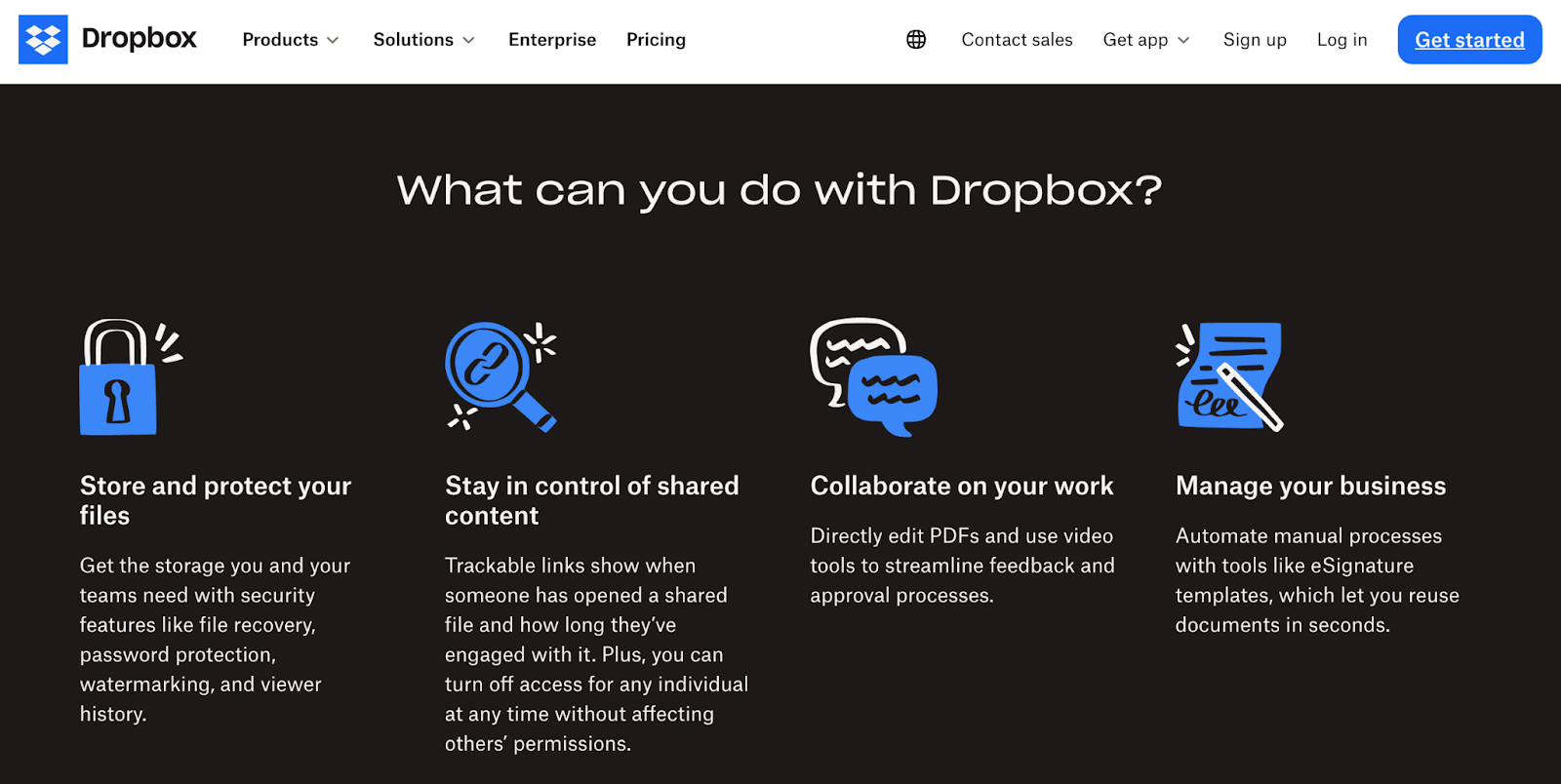 Dropbox app features overview with options such as stay in control of shared content and store and protect your files.