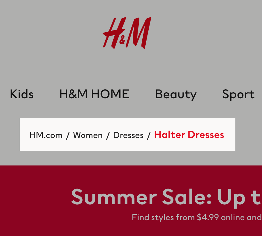 H&M website breadcrumb navigation for halter dresses.