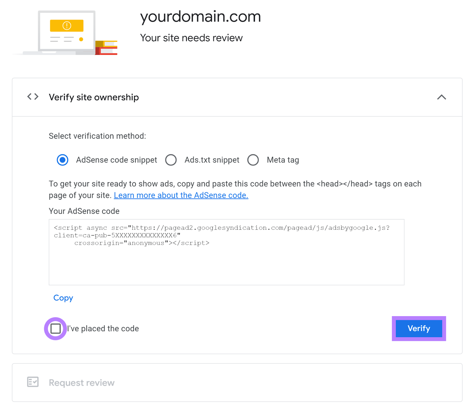 Verify site ownership code snippet with "I've placed the code" checkbox and Verify button highlighted