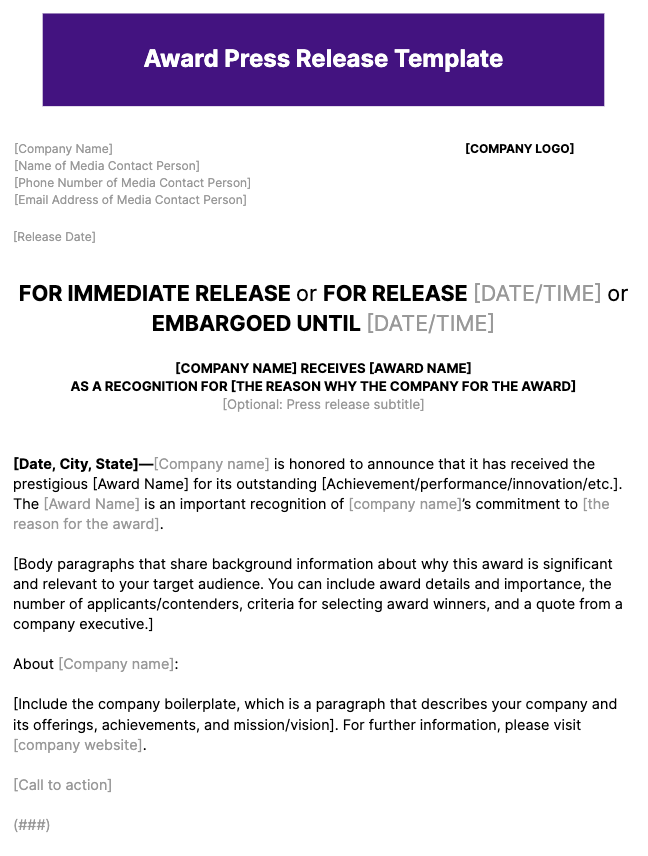 Award Press Release Template