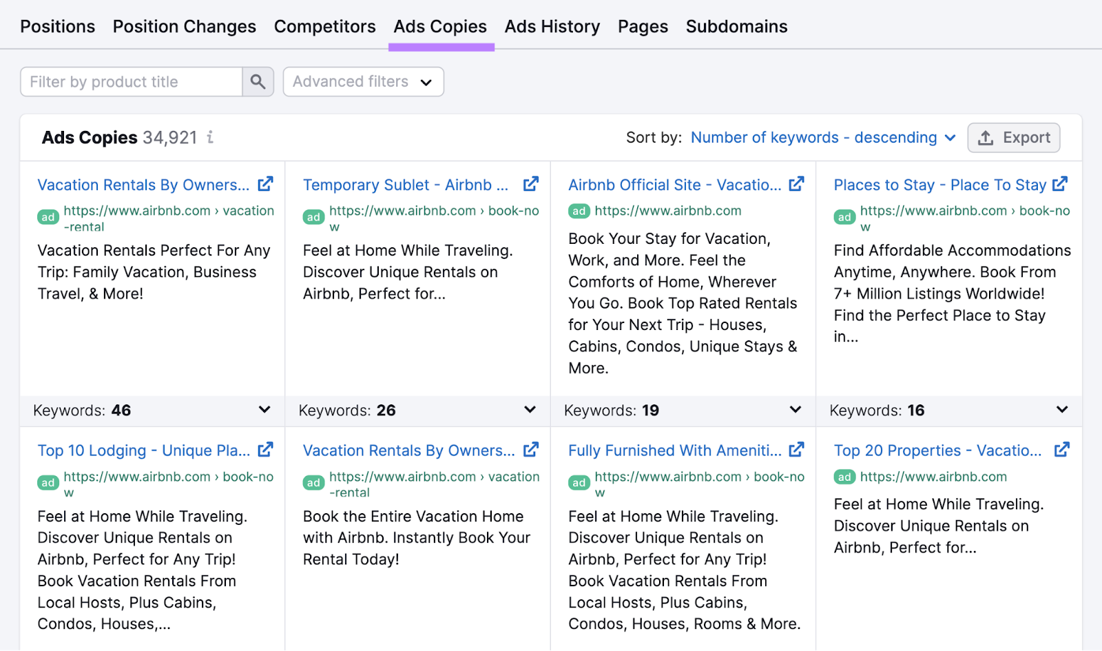 "Ads Copies" tab in Advertising Research tool